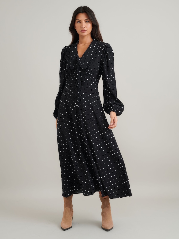 Nobodys Child Black Otillie Polka Dot Midi Dress - Image 1 of 4 Nobodys Child Black Otillie Polka Dot Midi Dress - Image 1 of 4