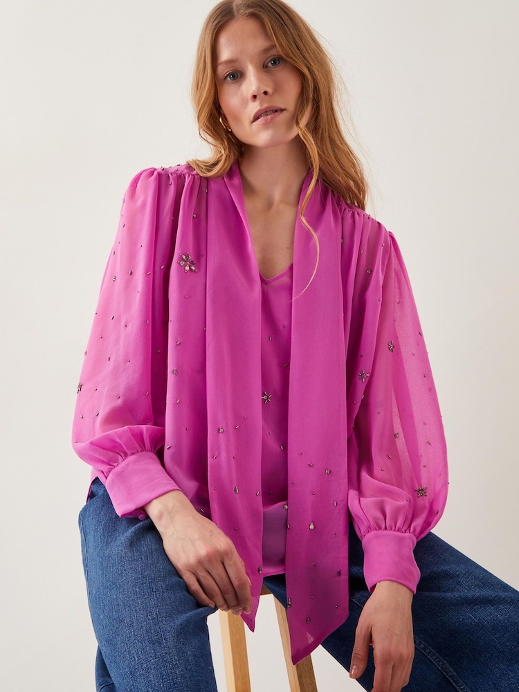 Monsoon Pink Candice Embellished Pussybow Blouse - Image 1 of 4