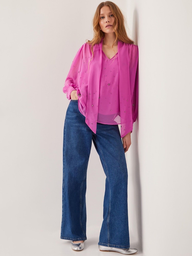 Monsoon Pink Candice Embellished Pussybow Blouse - Image 2 of 4