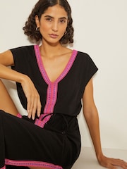 Monsoon Black Estela Jersey Embroidered 100% Cotton Kaftan - Image 2 of 3