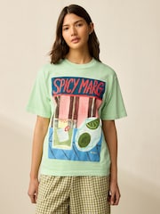 Lime Green Pure 100% Cotton Artist Editions | Frankie Thorp X Next Painted Spicy Margarita Oversize Short Sleeve T-Shirt - Image 1 of 8