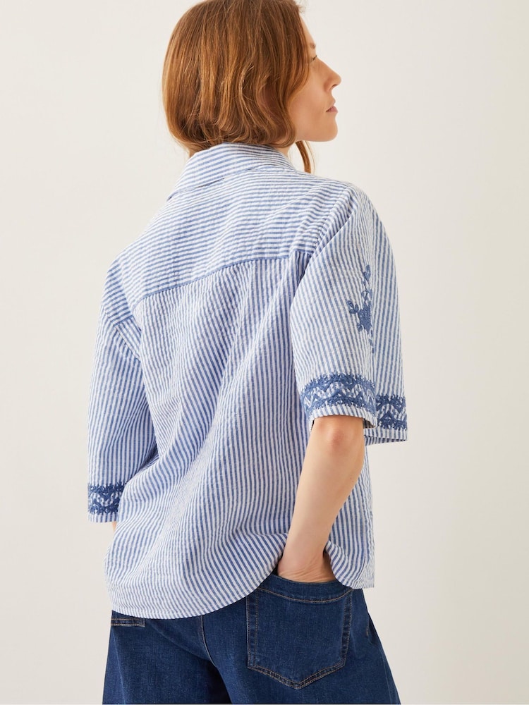 Monsoon Blue 100% Cotton Marlowe Floral Embroidered Stripe Shirt - Image 3 of 4