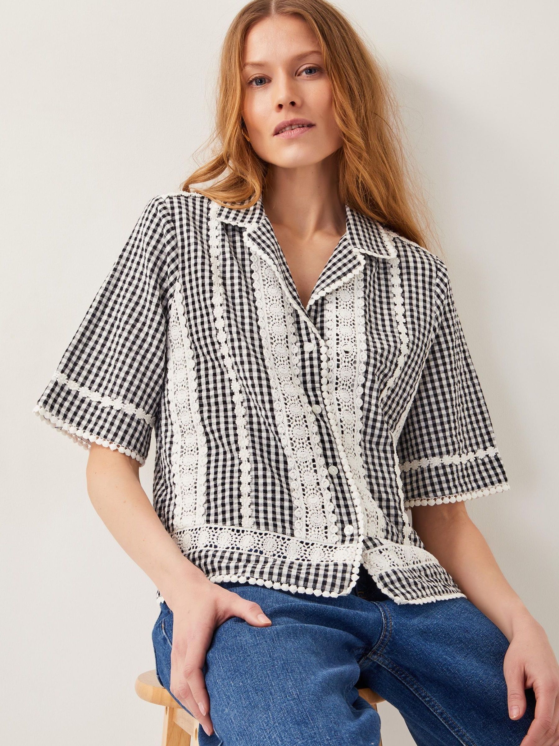 Monsoon Black Zoe Lace Gingham 100% Cotton Shirt