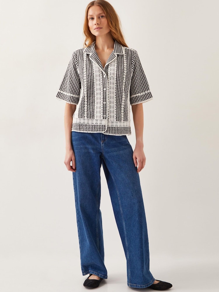 Monsoon Black Zoe Lace Gingham 100% Cotton Shirt - Image 2 of 4 Monsoon Black Zoe Lace Gingham 100% Cotton Shirt - Image 2 of 4