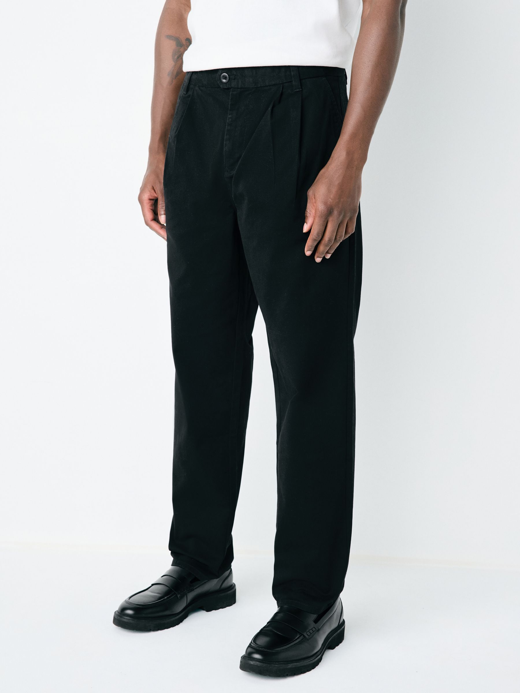 Buy Black Twin Pleat Regular Relaxed Tapered Fit Stretch Chinos
