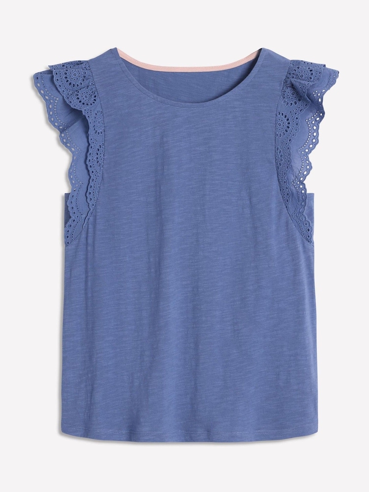 Boden Blue 100% Cotton Belle Broderie Sleeve Top - Image 5 of 5