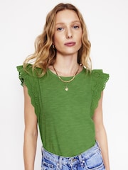 Boden Green 100% Cotton Belle Broderie Sleeve Top - Image 1 of 5