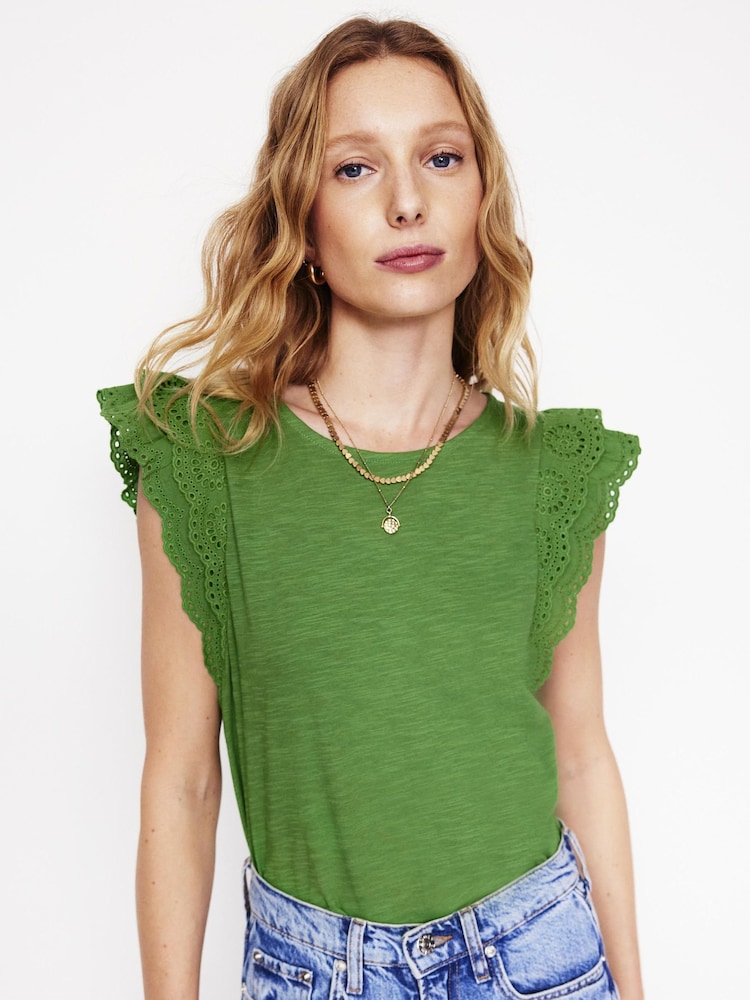 Boden Green 100% Cotton Belle Broderie Sleeve Top - Image 1 of 5