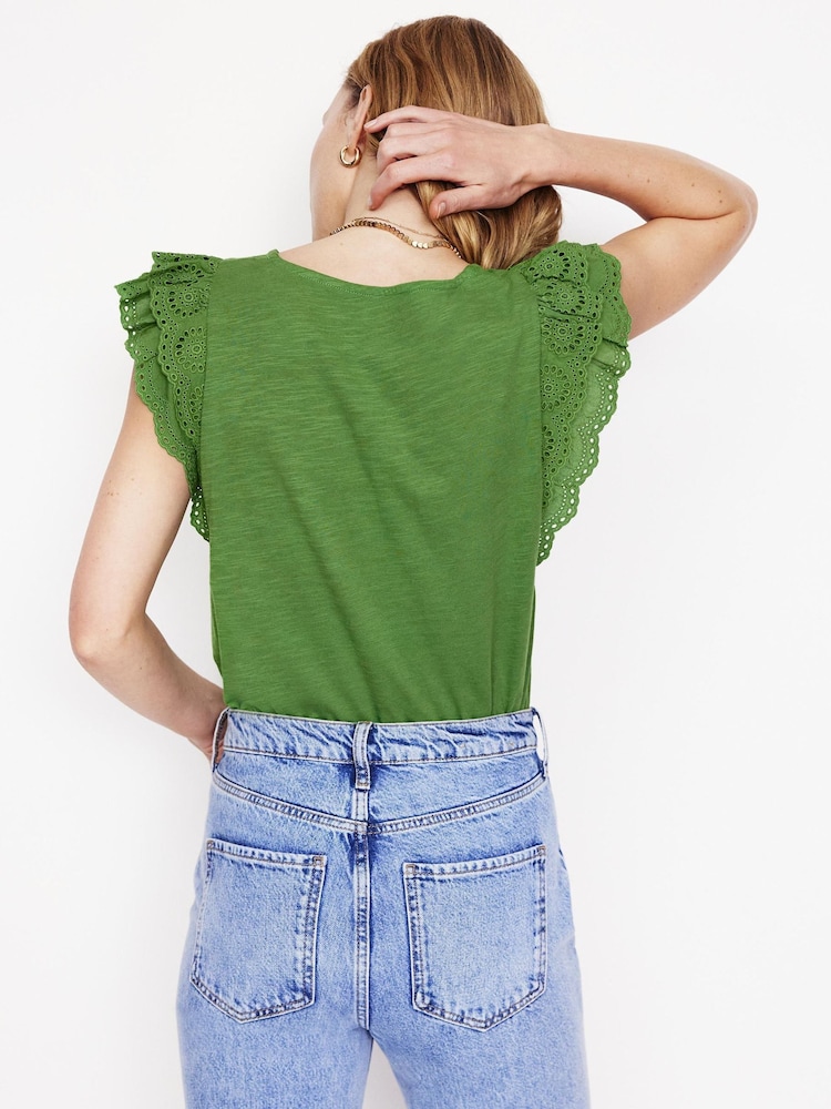 Boden Green 100% Cotton Belle Broderie Sleeve Top - Image 3 of 5