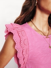 Boden Pink 100% Cotton Belle Broderie Sleeve Top - Image 2 of 5