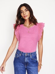 Boden Pink 100% Cotton Belle Broderie Sleeve Top - Image 4 of 5