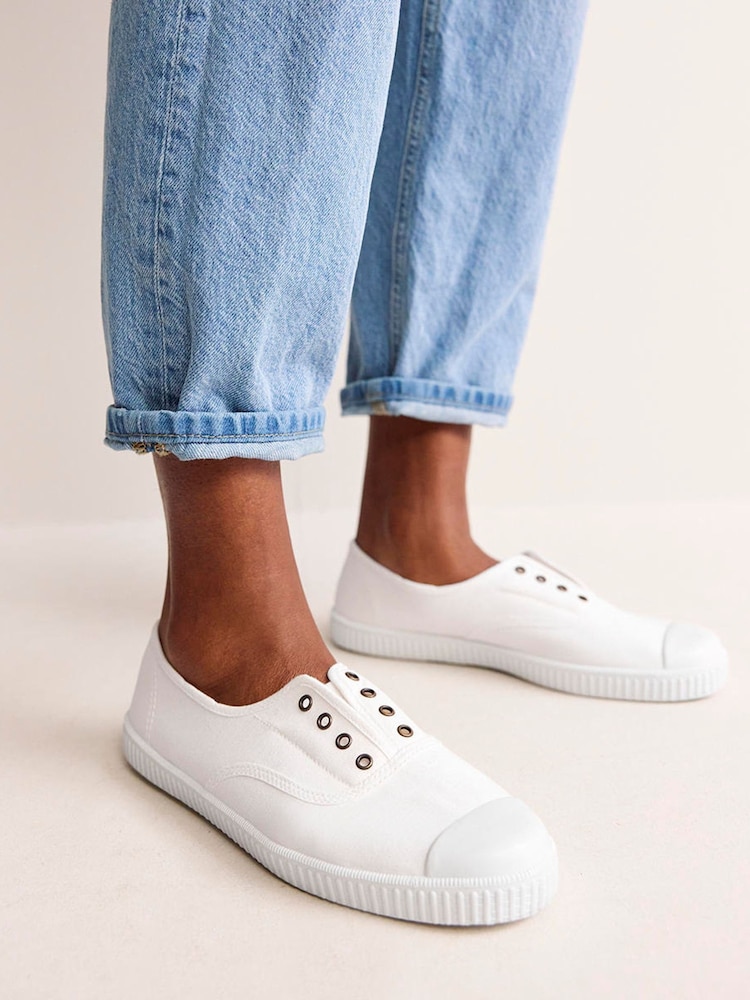Boden White Laceless Canvas 100% Cotton Plimsolls Trainers - Image 1 of 5