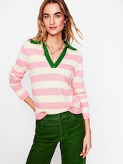 Boden Pink Sasha 100% Cotton Striped Henley Jumper - Image 1 of 6