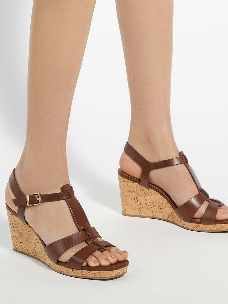 Dune London Brown Standard Fit Kastro Double Strap Tbar Wedge Sandals - Image 1 of 6