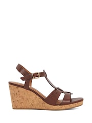 Dune London Brown Standard Fit Kastro Double Strap Tbar Wedge Sandals - Image 2 of 6