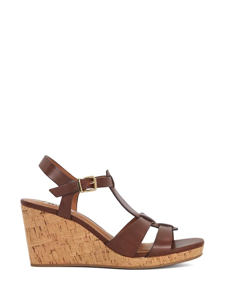Dune London Brown Standard Fit Kastro Double Strap Tbar Wedge Sandals - Image 2 of 6