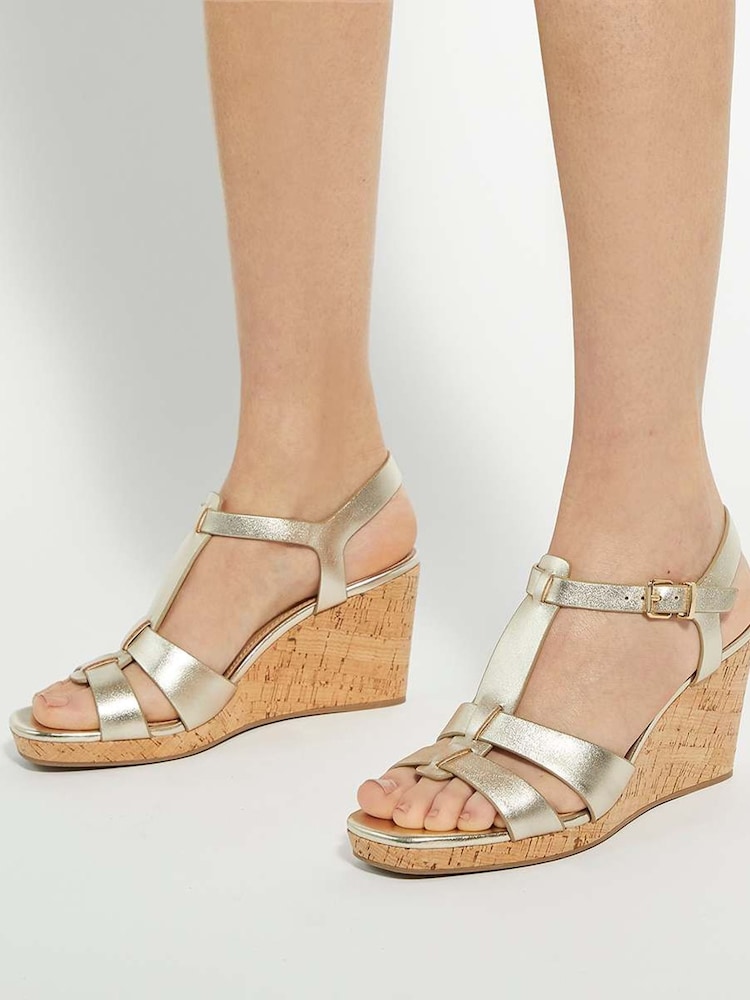 Dune London Gold Standard Fit Kastro Double Strap Tbar Wedge Sandals - Image 1 of 6