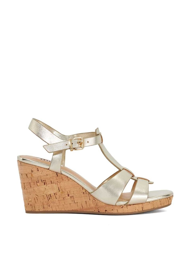 Dune London Gold Standard Fit Kastro Double Strap Tbar Wedge Sandals - Image 2 of 6