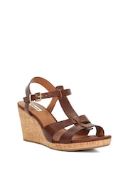 Dune London Brown Wide Fit Kastro Double Strap Tbar Wedge Sandals - Image 2 of 6