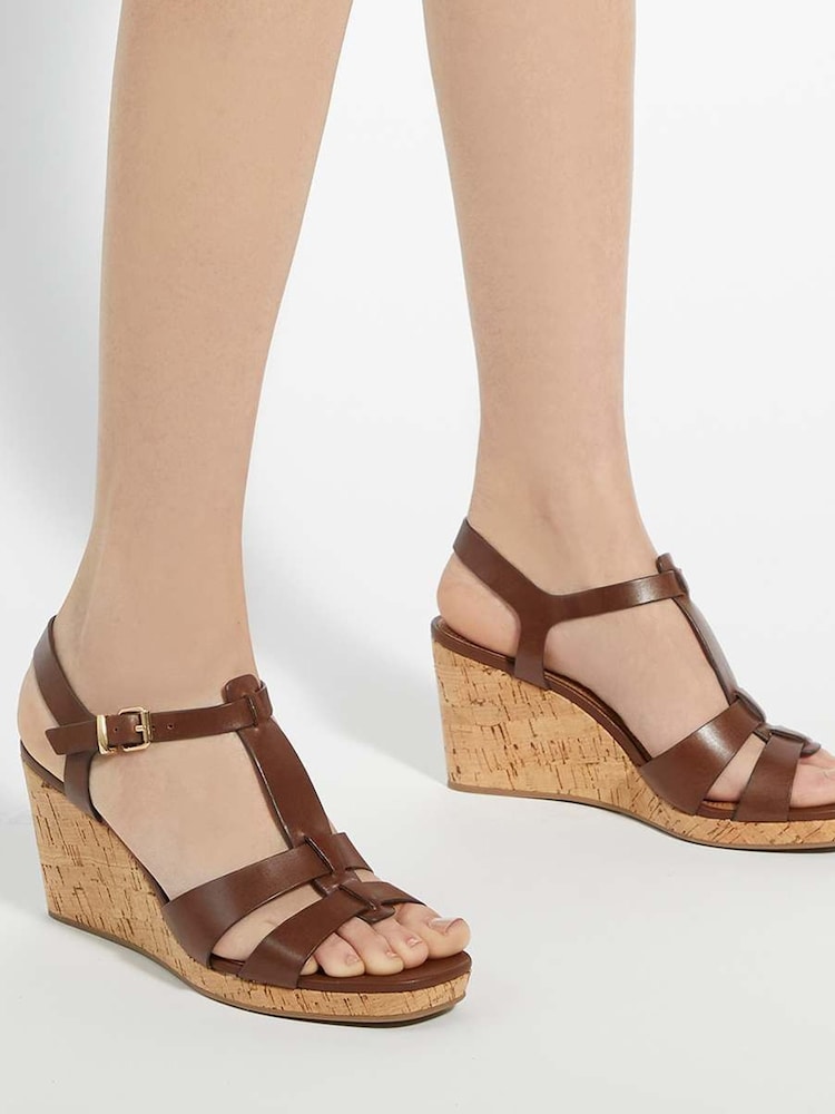 Dune London Brown Wide Fit Kastro Double Strap Tbar Wedge Sandals - Image 6 of 6