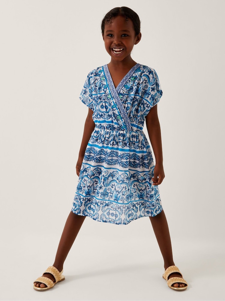 Monsoon Blue Ornate Floral Print Kaftan Dress - Image 1 of 4