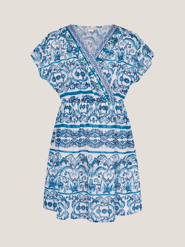 Monsoon Blue Ornate Floral Print Kaftan Dress - Image 2 of 4