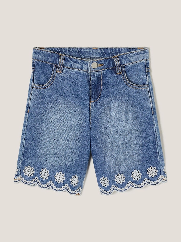 Monsoon Blue Broderie Scalloped 100% Cotton Denim Shorts - Image 2 of 4