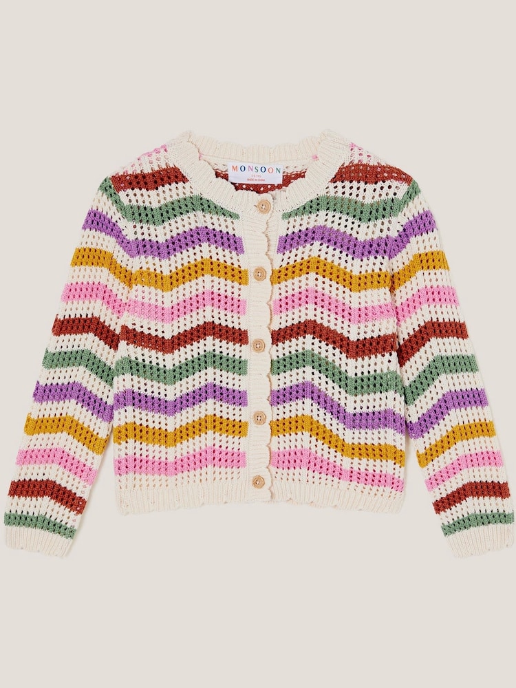 Monsoon Cream Zigzag Stripe Crochet 100% Cotton Cardigan - Image 2 of 4