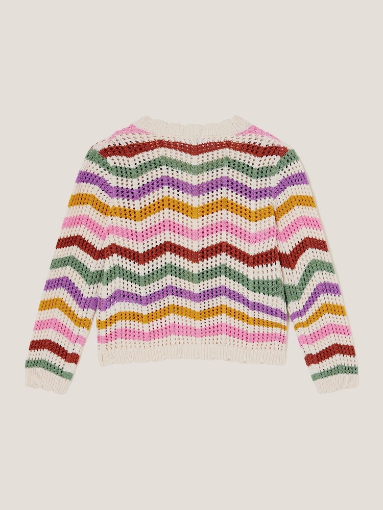 Monsoon Cream Zigzag Stripe Crochet 100% Cotton Cardigan - Image 3 of 4
