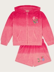 Monsoon Pink Floral Print Ombré Terry Zip 100% Cotton Hoodie and Shorts Set - Image 1 of 3