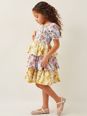 Monsoon Yellow Floral Print Puff Sleeve Tiered 100% Cotton Dress - Image 1 of 4