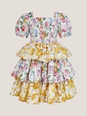 Monsoon Yellow Floral Print Puff Sleeve Tiered 100% Cotton Dress - Image 2 of 4