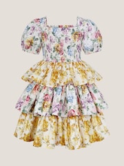 Monsoon Yellow Floral Print Puff Sleeve Tiered 100% Cotton Dress - Image 3 of 4