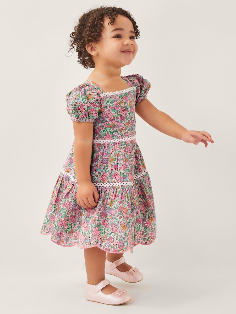 Monsoon Pink Baby Broderie Floral Puff-Sleeve Dress - Image 1 of 4
