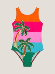 Monsoon Pink Colourblock Palm Sequin Swimsuit - Image 1 of 1
