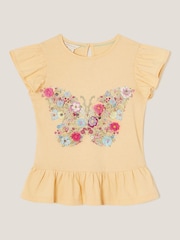 Monsoon Yellow Floral Print Butterfly Frilly 100% Cotton T-Shirt - Image 1 of 3