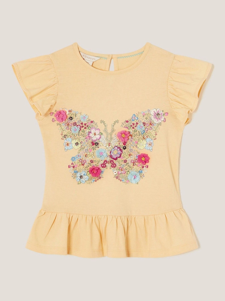 Monsoon Yellow Floral Print Butterfly Frilly 100% Cotton T-Shirt - Image 1 of 3