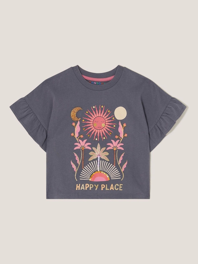 Monsoon Grey Happy Place Frill 100% Cotton T-Shirt - Image 1 of 3