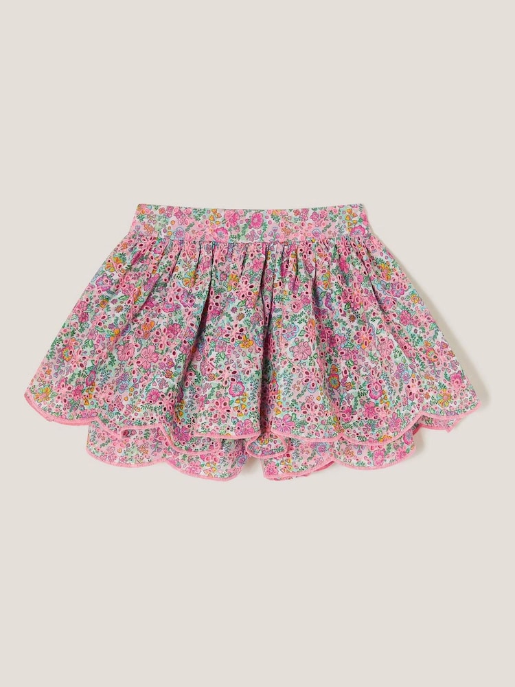Monsoon Pink Broderie Floral Print 100% Cotton Skort - Image 1 of 3