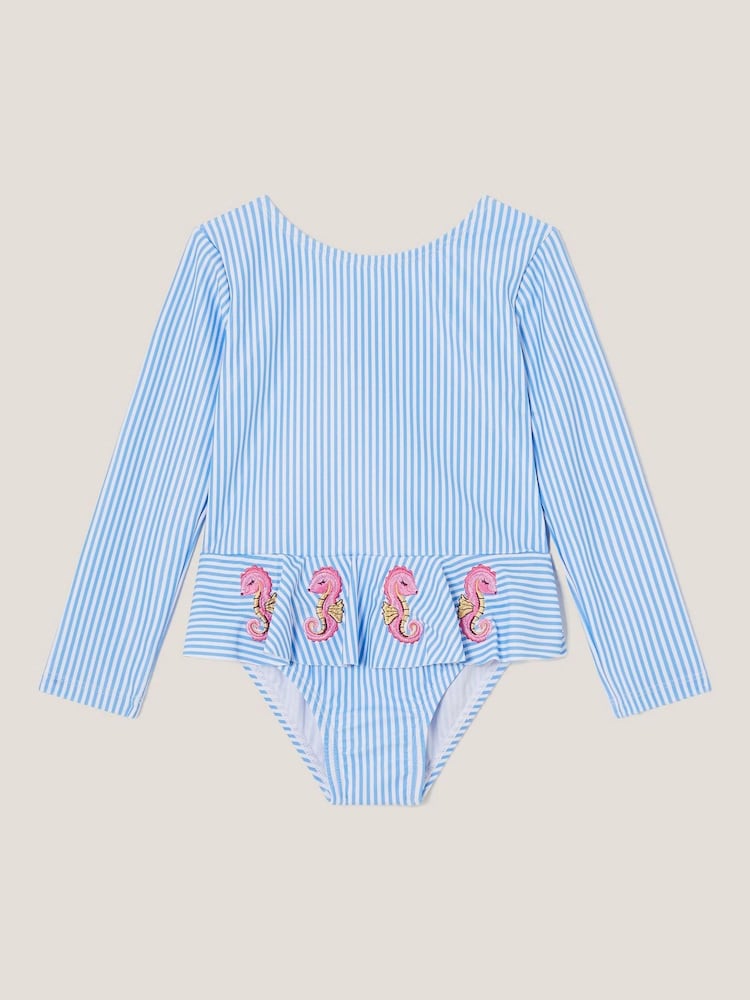 Monsoon Blue Baby Seahorse Stripe UPF50+ Long Sleeve Swimsuit - Image 1 of 3