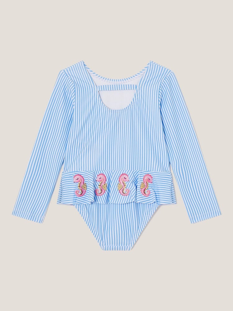 Monsoon Blue Baby Seahorse Stripe UPF50+ Long Sleeve Swimsuit - Image 2 of 3