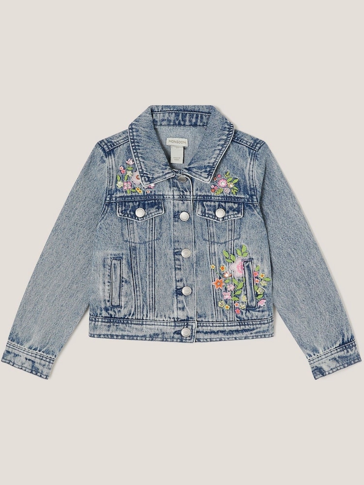 Monsoon Blue Sequin Floral Embroidered Denim 100% Cotton Jacket - Image 1 of 3