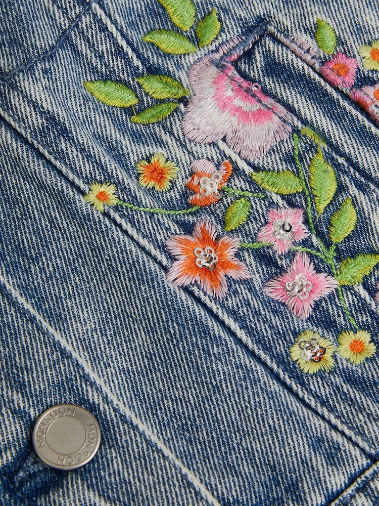 Monsoon Blue Sequin Floral Embroidered Denim 100% Cotton Jacket - Image 3 of 3