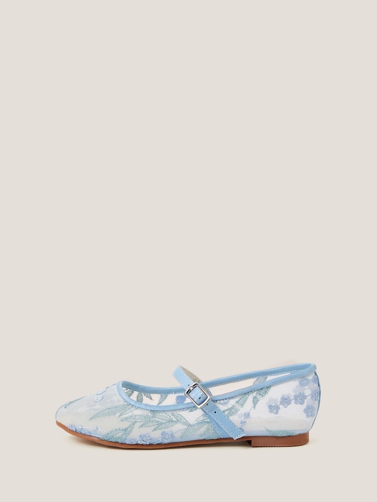 Monsoon Blue Floral Embroidered Mesh Ballet Flats - Image 2 of 3