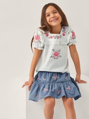 Monsoon Natural Floral Print Embroidered Check 100% Cotton Blouse - Image 1 of 4