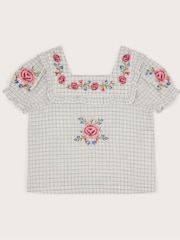 Monsoon Natural Floral Print Embroidered Check 100% Cotton Blouse - Image 2 of 4
