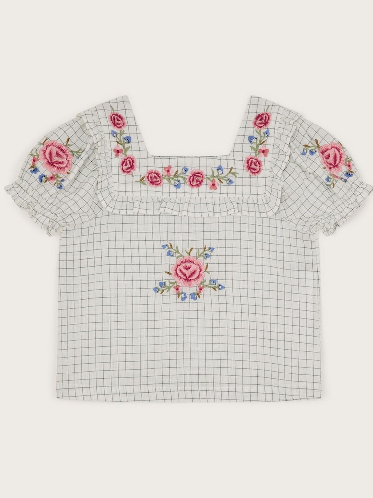Monsoon Natural Floral Print Embroidered Check 100% Cotton Blouse - Image 2 of 4