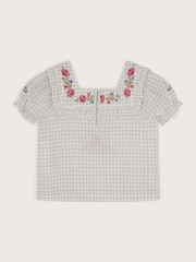 Monsoon Natural Floral Print Embroidered Check 100% Cotton Blouse - Image 3 of 4