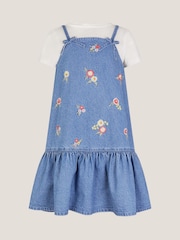 Monsoon Blue Floral Denim 100% Cotton Dress and T-Shirt Set - Image 1 of 3