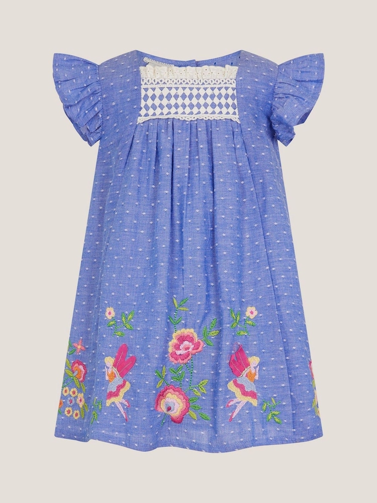 Monsoon Blue Baby Fairy Embroidered Frill-Sleeve 100% Cotton Dress - Image 2 of 4